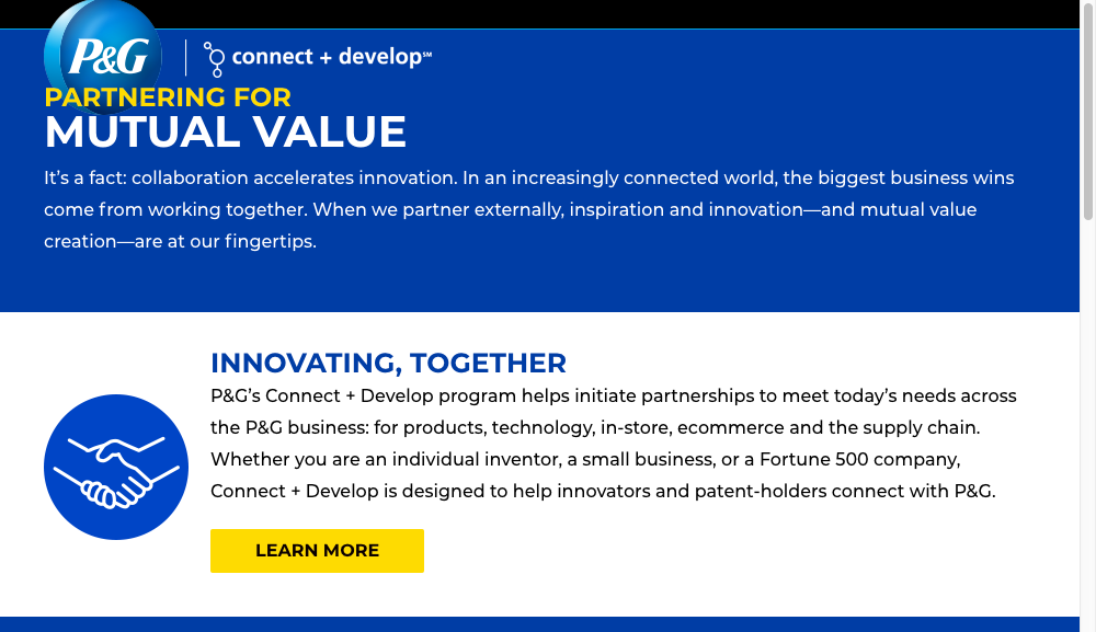Screenshot of Proctor and Gamble Connect + Develop website