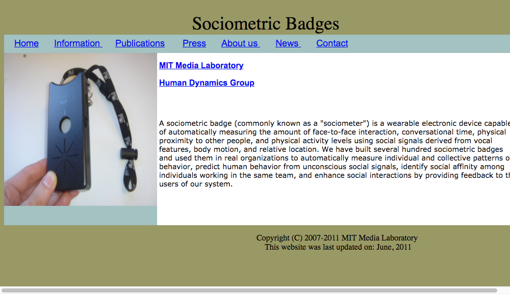 Screenshot of MIT Media Lab sociometric badge website